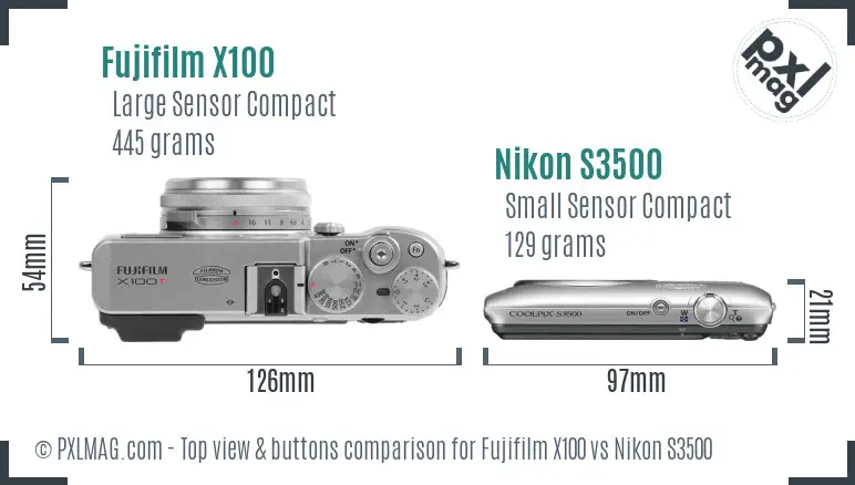 Fujifilm X100 vs Nikon S3500 top view buttons comparison