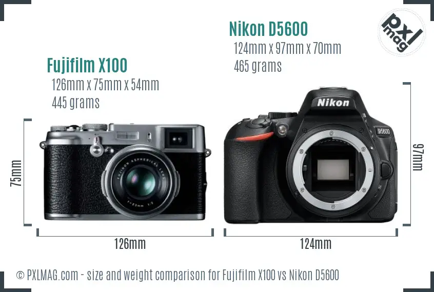 Fujifilm X100 vs Nikon D5600 size comparison
