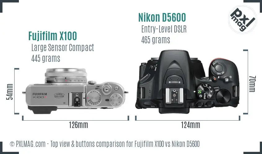 Fujifilm X100 vs Nikon D5600 top view buttons comparison
