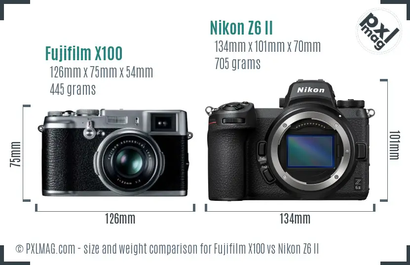 Fujifilm X100 vs Nikon Z6 II size comparison
