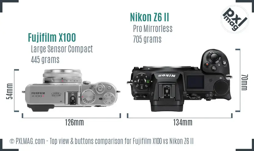 Fujifilm X100 vs Nikon Z6 II top view buttons comparison