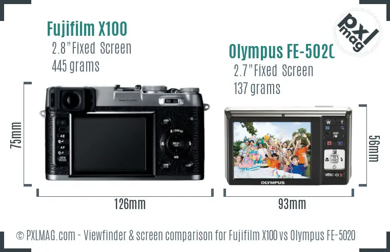 Fujifilm X100 vs Olympus FE-5020 Screen and Viewfinder comparison