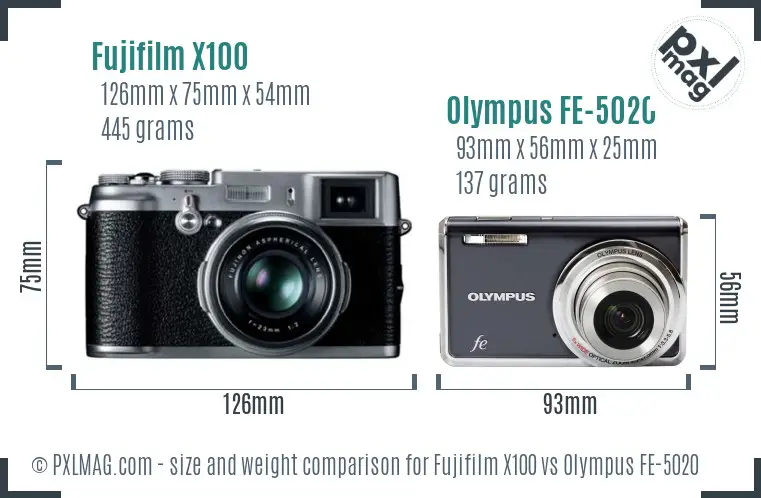 Fujifilm X100 vs Olympus FE-5020 size comparison