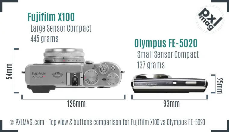 Fujifilm X100 vs Olympus FE-5020 top view buttons comparison