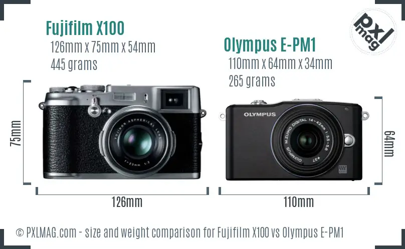 Fujifilm X100 vs Olympus E-PM1 size comparison