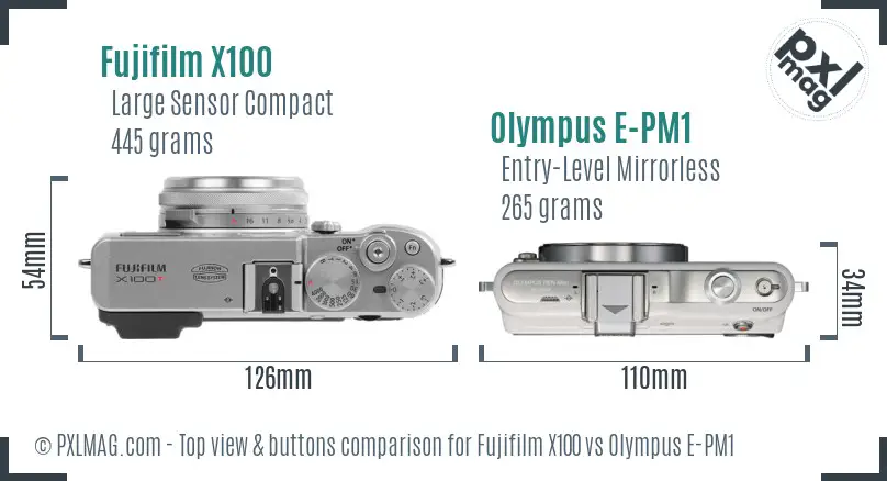 Fujifilm X100 vs Olympus E-PM1 top view buttons comparison