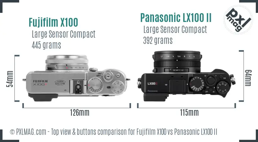 Fujifilm X100 vs Panasonic LX100 II top view buttons comparison