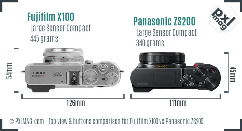 Fujifilm X100 vs Panasonic ZS200 top view buttons comparison