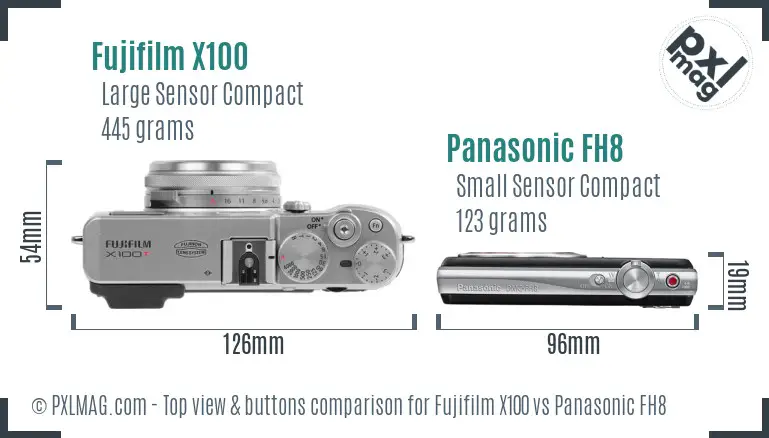 Fujifilm X100 vs Panasonic FH8 top view buttons comparison