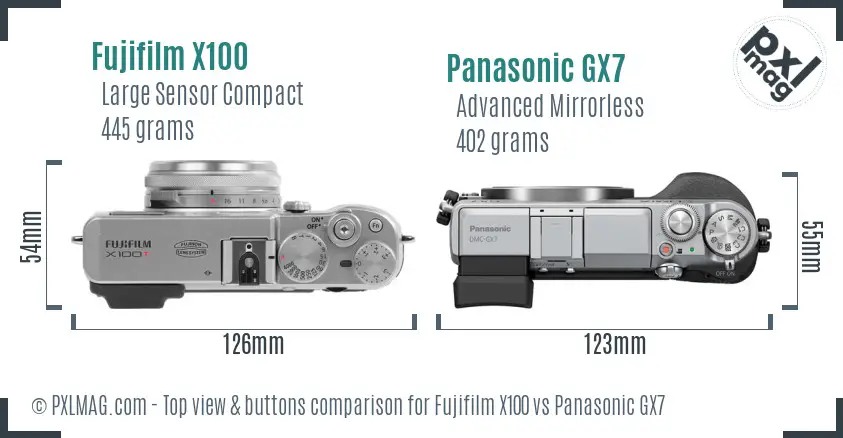 Fujifilm X100 vs Panasonic GX7 top view buttons comparison