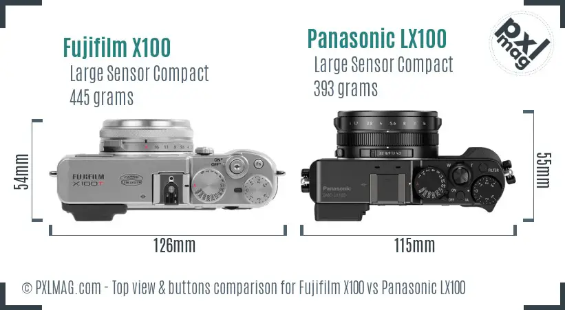 Fujifilm X100 vs Panasonic LX100 top view buttons comparison