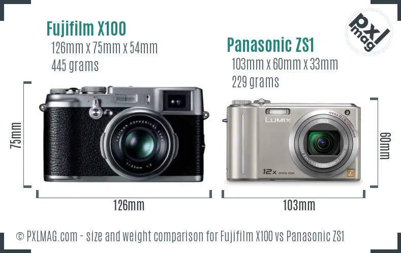 Fujifilm X100 vs Panasonic ZS1 size comparison