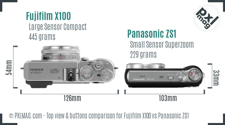 Fujifilm X100 vs Panasonic ZS1 top view buttons comparison