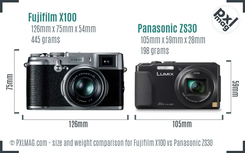 Fujifilm X100 vs Panasonic ZS30 size comparison