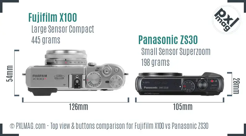 Fujifilm X100 vs Panasonic ZS30 top view buttons comparison