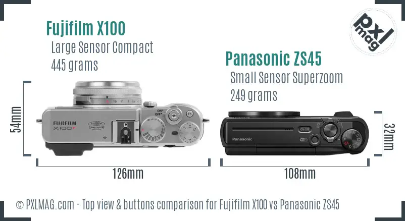 Fujifilm X100 vs Panasonic ZS45 top view buttons comparison