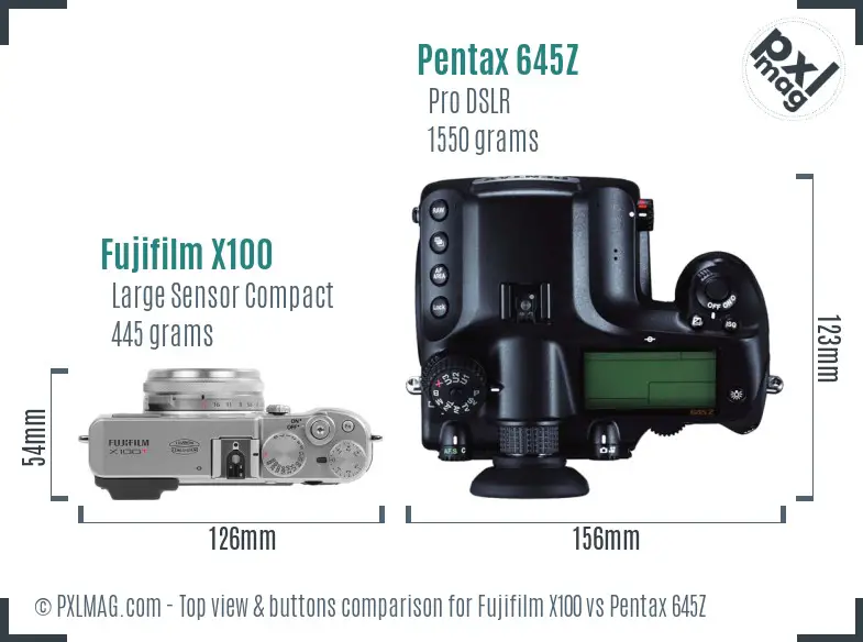 Fujifilm X100 vs Pentax 645Z top view buttons comparison