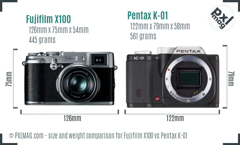 Fujifilm X100 vs Pentax K-01 size comparison