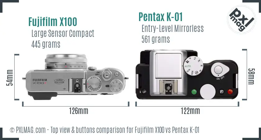 Fujifilm X100 vs Pentax K-01 top view buttons comparison