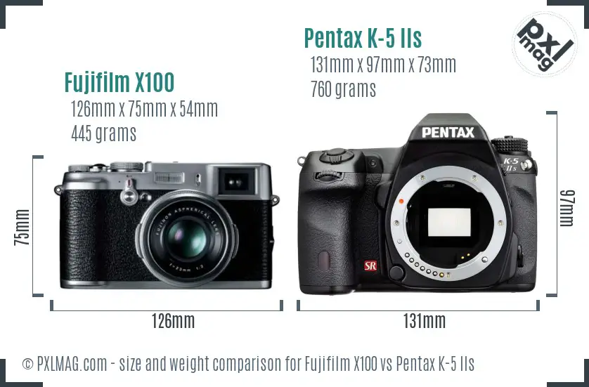 Fujifilm X100 vs Pentax K-5 IIs size comparison