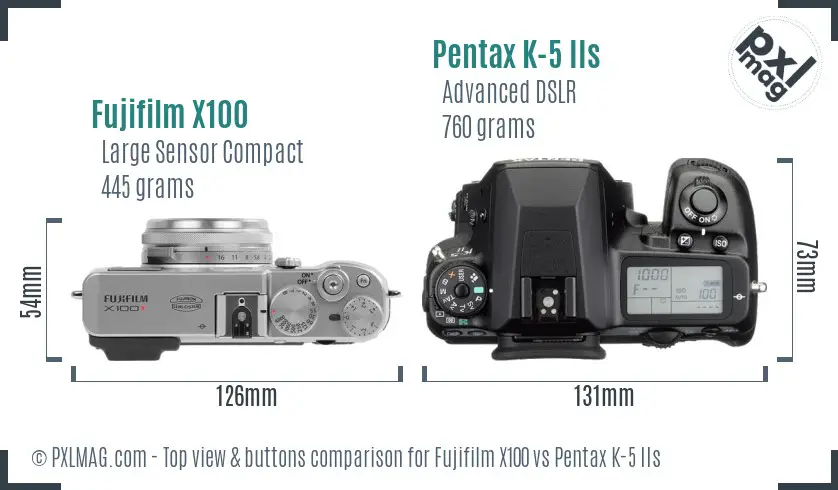 Fujifilm X100 vs Pentax K-5 IIs top view buttons comparison