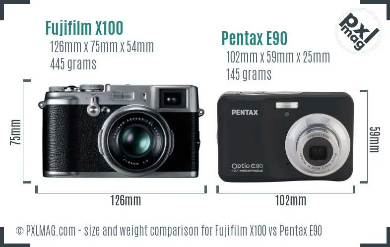 Fujifilm X100 vs Pentax E90 size comparison