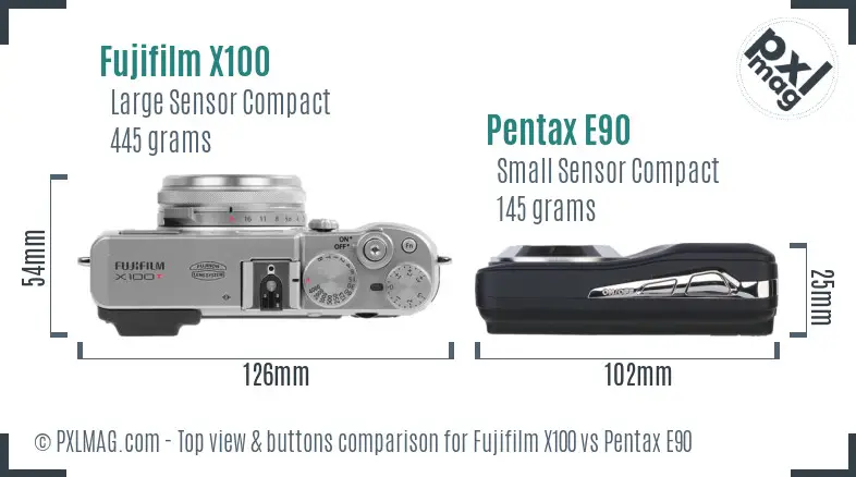 Fujifilm X100 vs Pentax E90 top view buttons comparison