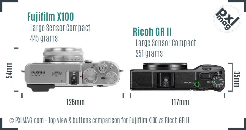 Fujifilm X100 vs Ricoh GR II top view buttons comparison