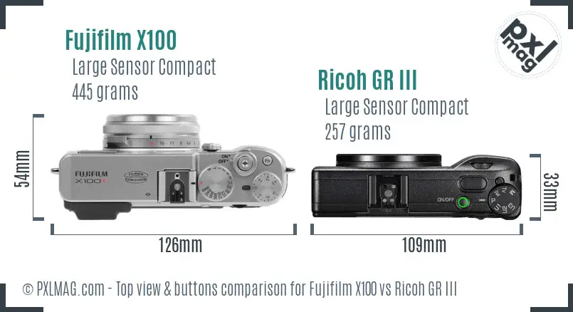 Fujifilm X100 vs Ricoh GR III top view buttons comparison