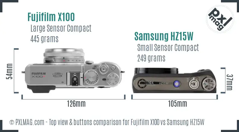 Fujifilm X100 vs Samsung HZ15W top view buttons comparison