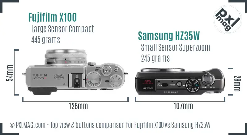 Fujifilm X100 vs Samsung HZ35W top view buttons comparison