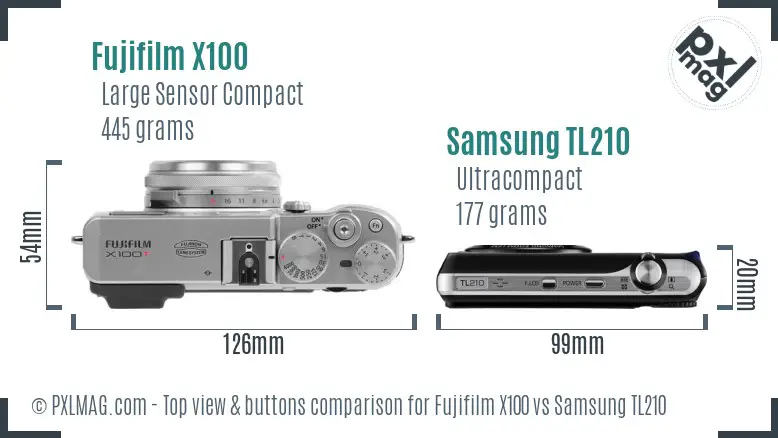 Fujifilm X100 vs Samsung TL210 top view buttons comparison