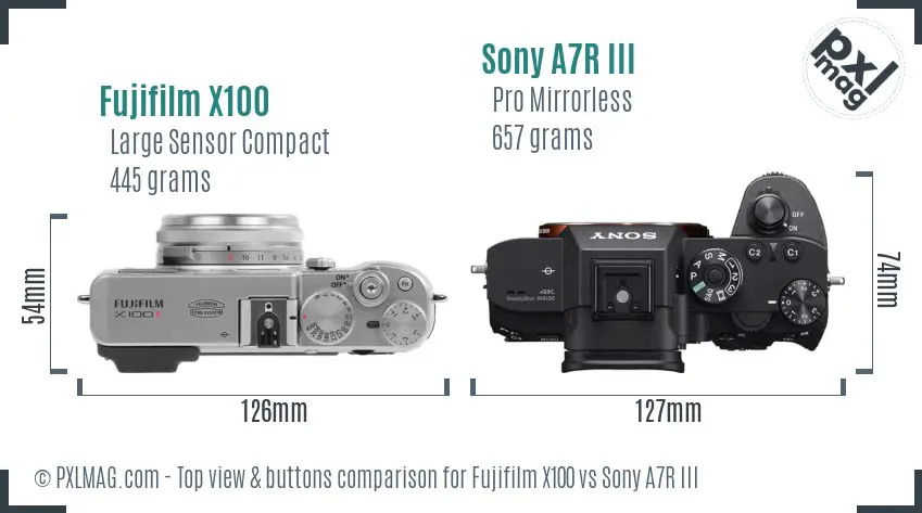 Fujifilm X100 vs Sony A7R III top view buttons comparison