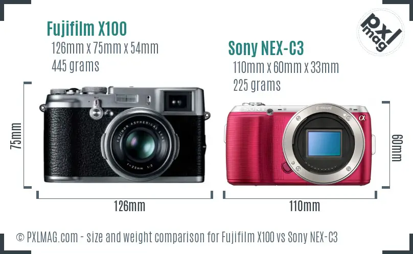 Fujifilm X100 vs Sony NEX-C3 size comparison