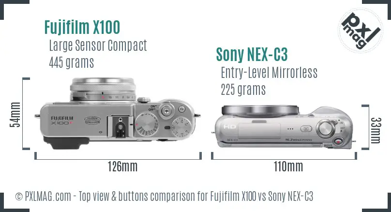 Fujifilm X100 vs Sony NEX-C3 top view buttons comparison