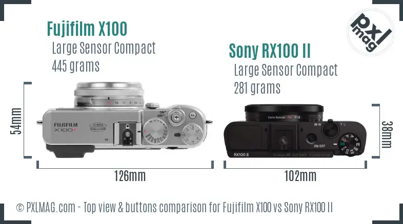 Fujifilm X100 vs Sony RX100 II top view buttons comparison