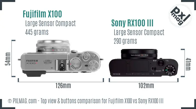 Fujifilm X100 vs Sony RX100 III top view buttons comparison
