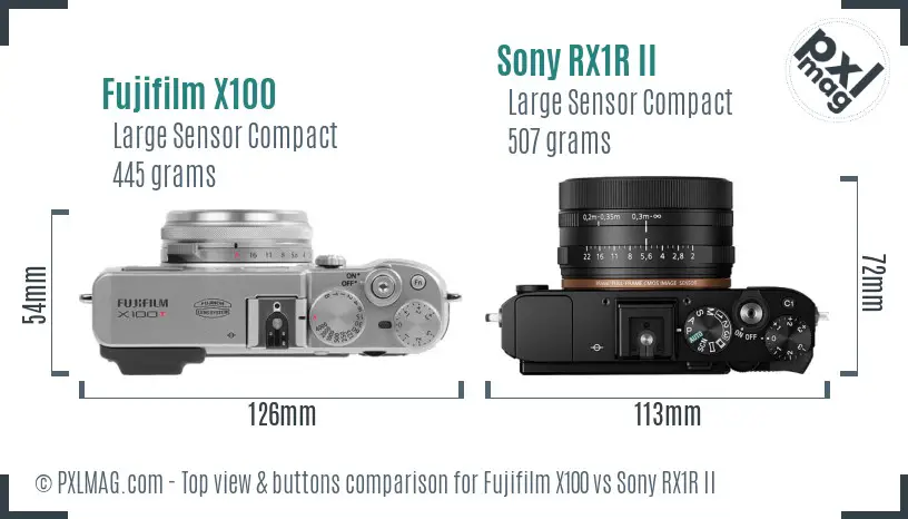 Fujifilm X100 vs Sony RX1R II top view buttons comparison