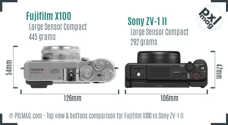 Fujifilm X100 vs Sony ZV-1 II top view buttons comparison