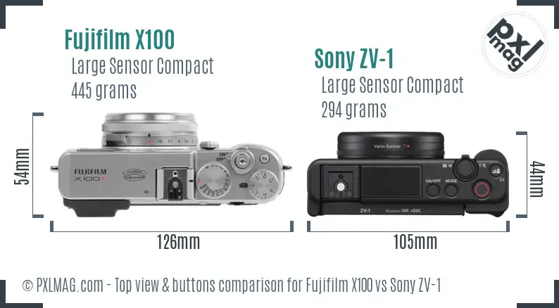 Fujifilm X100 vs Sony ZV-1 top view buttons comparison