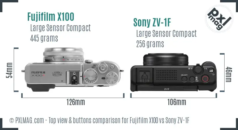 Fujifilm X100 vs Sony ZV-1F top view buttons comparison