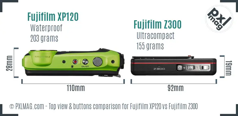 Fujifilm XP120 vs Fujifilm Z300 top view buttons comparison