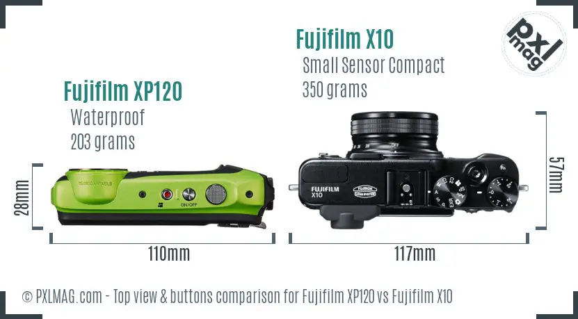 Fujifilm XP120 vs Fujifilm X10 top view buttons comparison