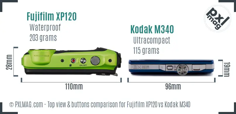 Fujifilm XP120 vs Kodak M340 top view buttons comparison Fujifilm XP120 vs Kodak M340 top view buttons comparison