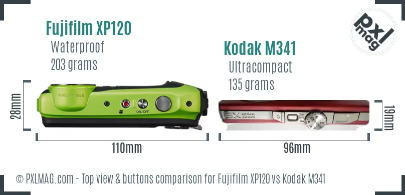 Fujifilm XP120 vs Kodak M341 top view buttons comparison Fujifilm XP120 vs Kodak M341 top view buttons comparison