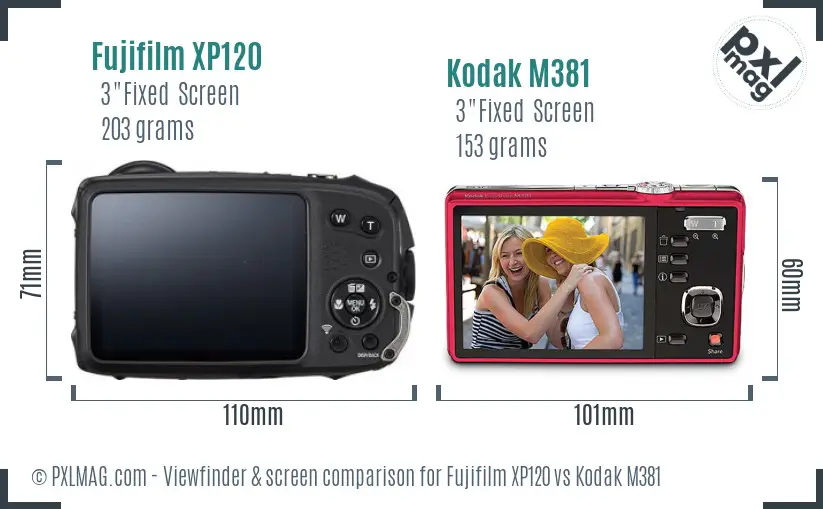 Fujifilm XP120 vs Kodak M381 Screen and Viewfinder comparison