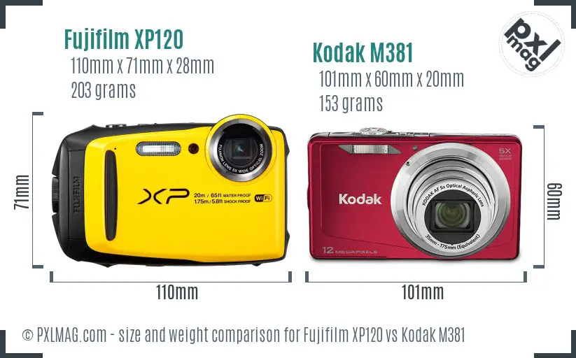Fujifilm XP120 vs Kodak M381 size comparison