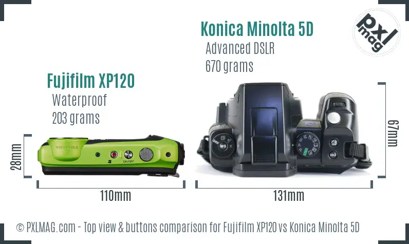 Fujifilm XP120 vs Konica Minolta 5D top view buttons comparison