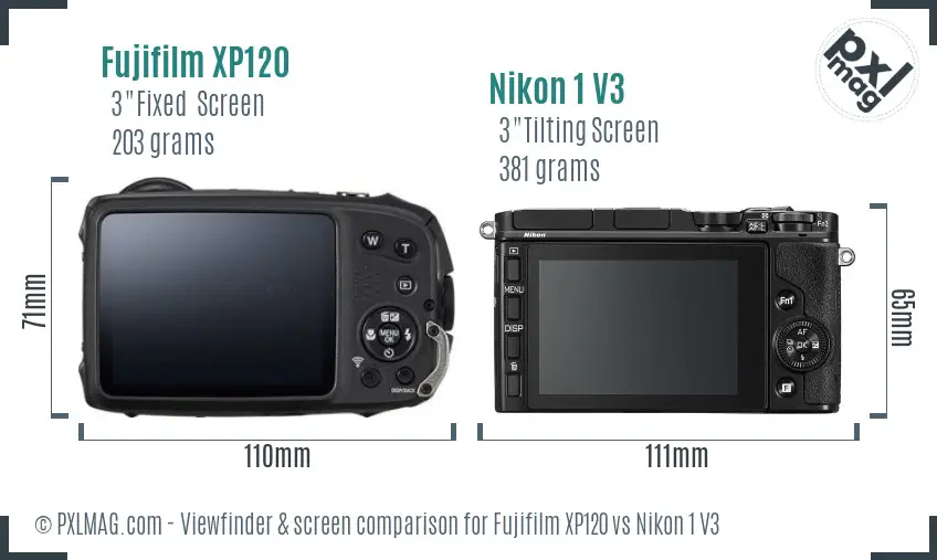 Fujifilm XP120 vs Nikon 1 V3 Screen and Viewfinder comparison