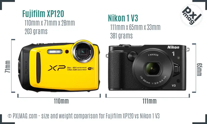 Fujifilm XP120 vs Nikon 1 V3 size comparison
